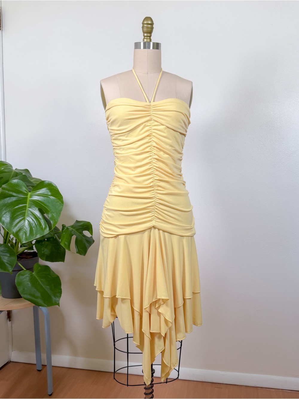 Vintage Y2K Joyce Leslie Ruched Dress | Handkerchief Hem, Butter Yellow | Size S